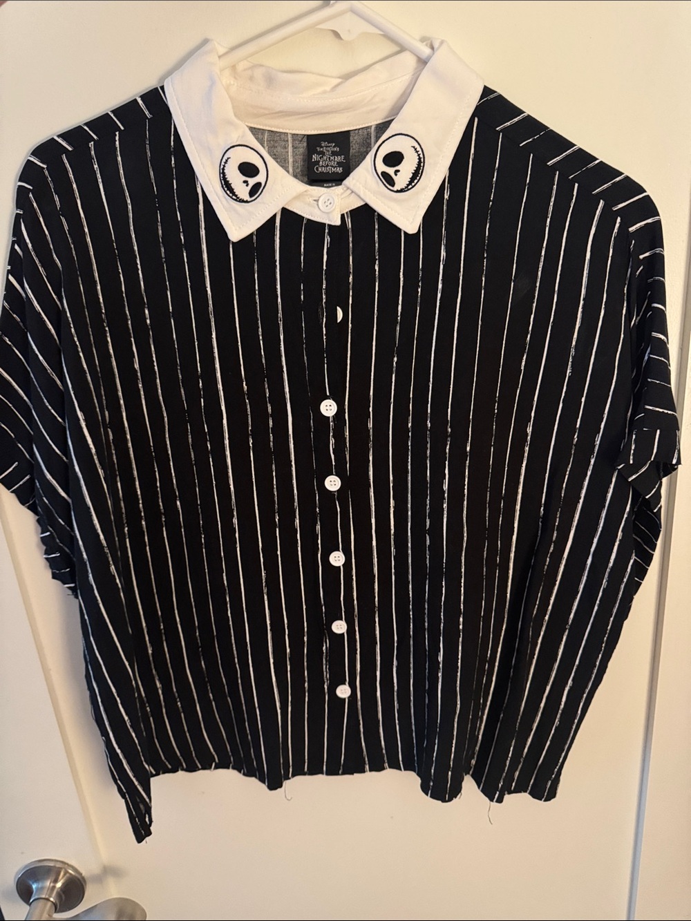 Disney Black and White Pinstripe Blouse with Jack Skellington Collar Detail